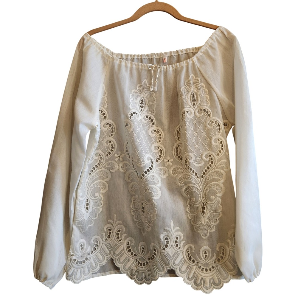 Trevira Blouse Women 1 White NWOT Embroidered Off Shoulder Cottagecore Peasant